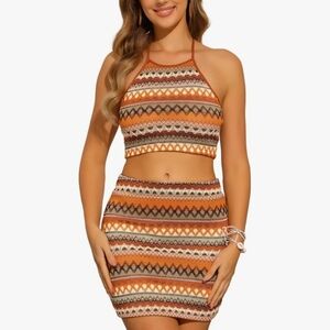 Trendy Orange and Brown Patterned Two-Piece Halter Crop Top And Mini Skirt.